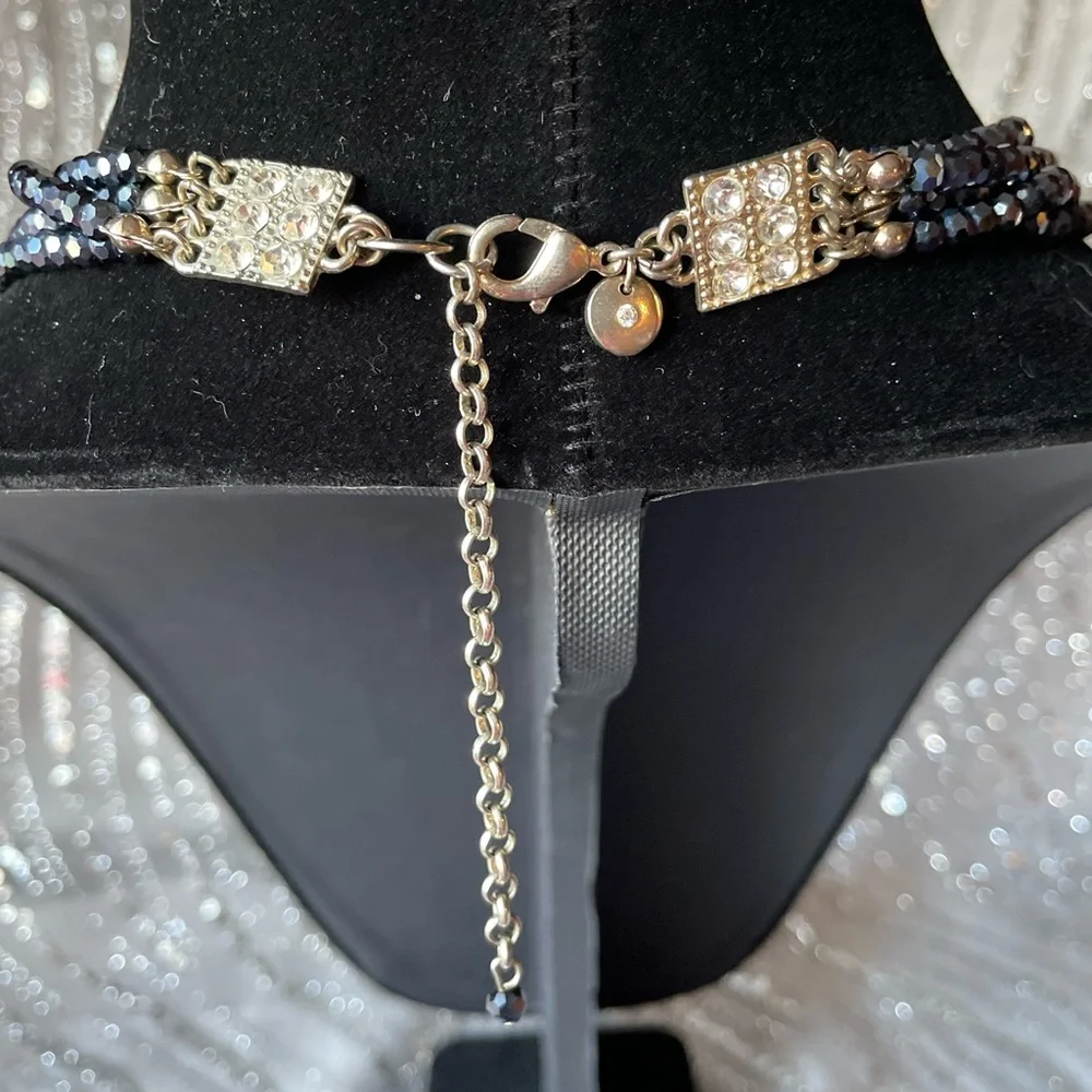 Beautiful Statement Necklace Has Silver Medallions with Rhinestone & Navy Beads